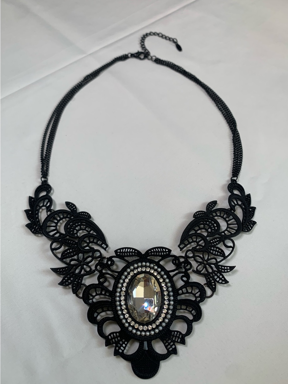 Victorian Revival Black Metal Lace Filigree Collar Necklace 90’s Gothic 18” VCLM